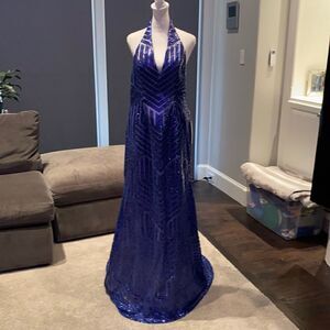 Women’s Halter Neck Mermaid Sequined Blue Prom Party Dress L NWT